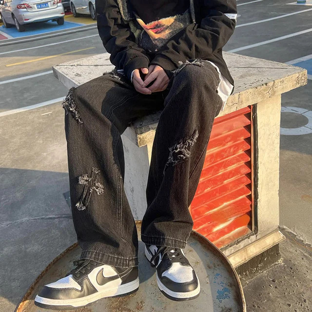 Hip Hop Streetwear Y2k Mens Calças Jeans High Street Baggy Loose