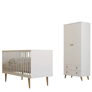 Dormitório Infantil Berço Americano e Guarda Roupas Para Quarto Bebê Encanto Branco Batrol
