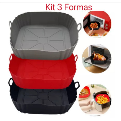 KIT 3 Formas de Silicone Quadrada Antiaderente Assadeira Air Fryer e Forno Forma para Fritadeira Elétrica com Alça - QUADRADA