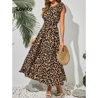 Lovito Vestido casual com estampa de leopardo na frente dividida para mulheres LBL16415