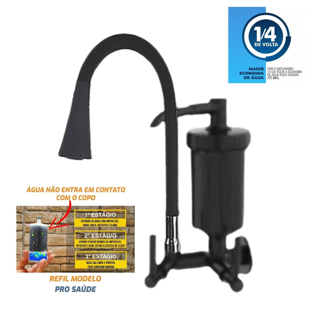 Torneira Gourmet Preta Bica Móvel Com Filtro Parede Cozinha - 7161 CORPO PRETO TPM CN