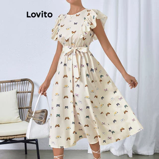 Lovito Vestido boho borboleta com babado e cinto para mulheres LBL16570