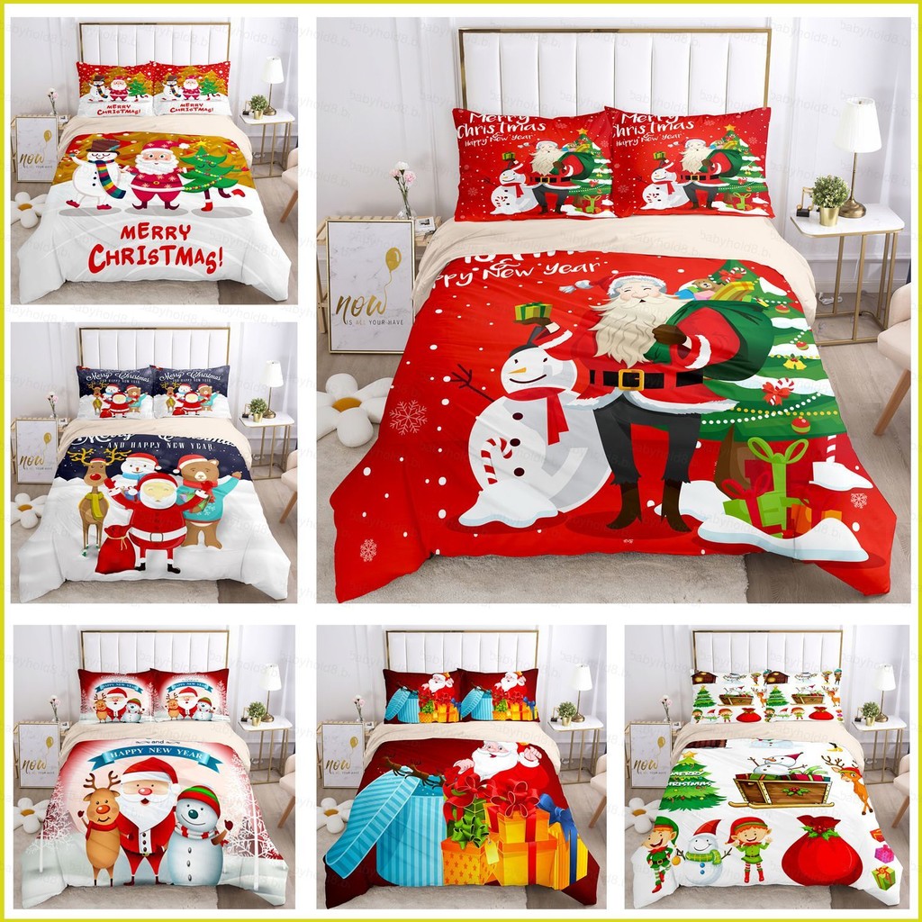Natal Nova Cama Colcha Capa De Almofada Impressão Dupla Face Conjunto De Três Peças