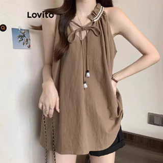 Lovito Regata feminina casual lisa com renda e frisado de alface LNE74249