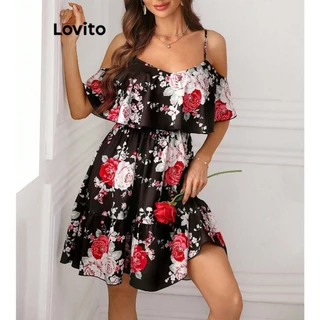 Lovito Vestido boho floral de camada dupla com ombro frio para mulheres LNL77343