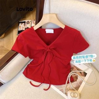 Lovito Camiseta elegante lisa com cadarço para mulheres LNE72385