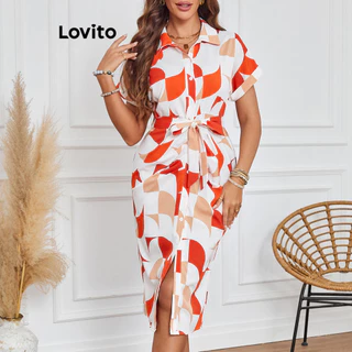 Lovito Vestido elegante com cinto e padrão geométrico plissado para mulheres LBL17389