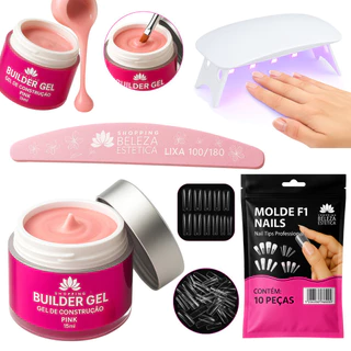 Kit Unhas de Gel Completo Construtor Unhas Profissional – Molde F1 + Lixa + Mini Cabine UV/LED – Nail Designer Completo