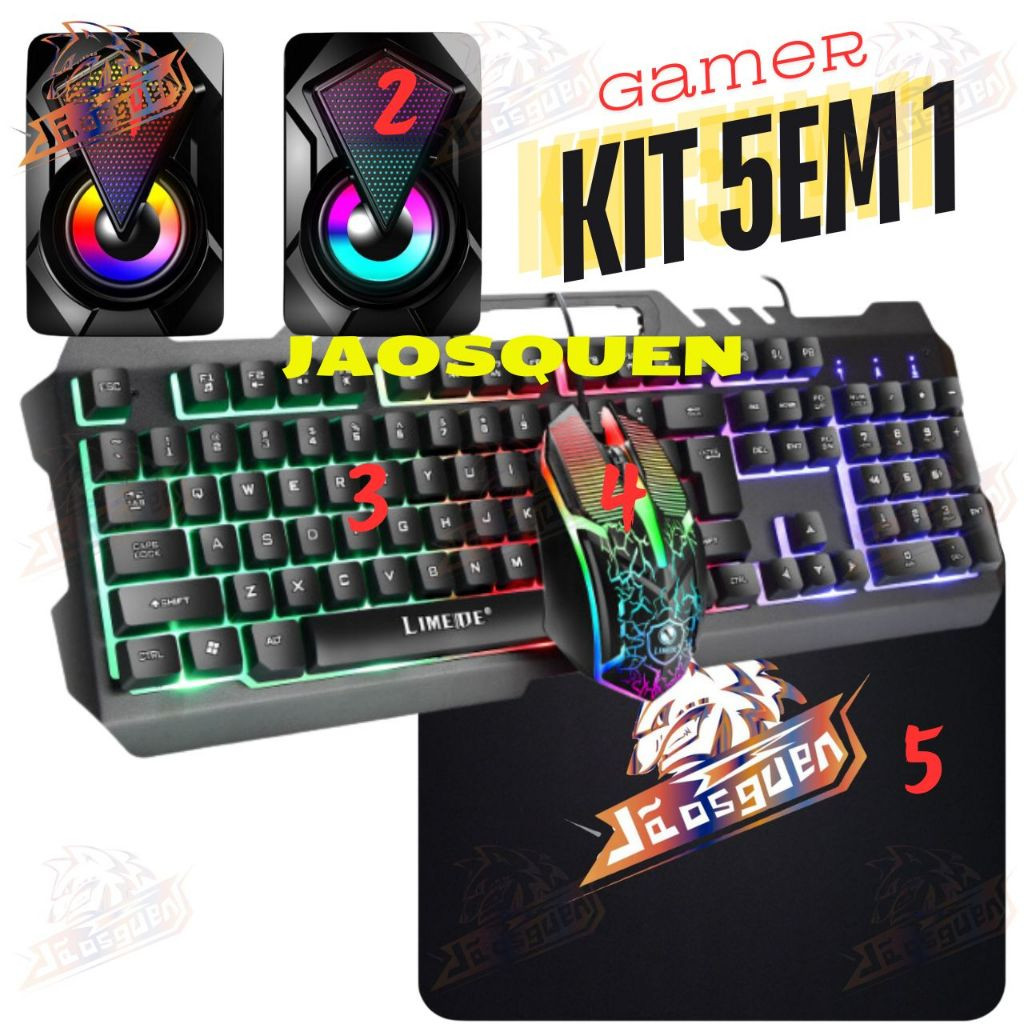 Kit 5em 1 Teclado Gamer Semi Mecanico Iluminado + mouse pad + caixa de ...