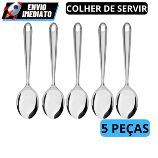 KIT 5 Colher De Arroz GRANDE Cabo Longo 100 % Aço Inox 26cm Para Casa Restaurante Buffet