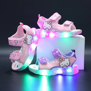 Sandálias Infantis de Verão, Sandálias Luminosas Hello Kitty Cartoon LED para Meninas