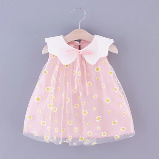 Vestido De Verão Para Crianças Cor Pura De Vento Doce Margarida Malha Adorável Lapela Saia Sem Mangas