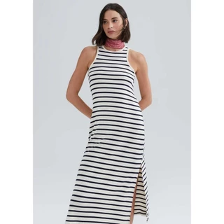 Vestido Midi Listrado Com Fenda Hering