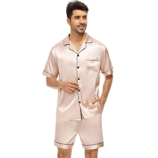 Pijama Masculino Marcos em Cetim com Elastano Short e Camisa Manga Curta com Bolso Botões Champanhe em Oferta na Shopee