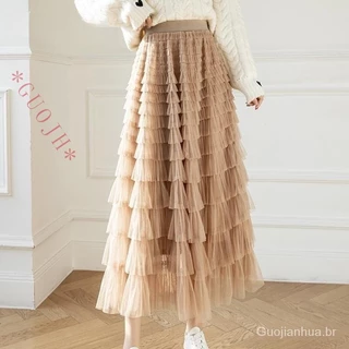 GUOJH Vestido de Moda Puffy estilo coreano de outono Retro Tulle High Waist Mesh Skirt QT1989
