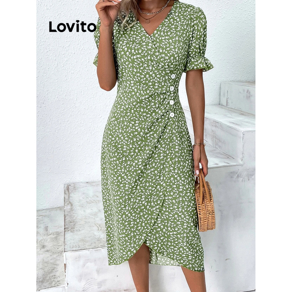 Lovito Vestido elegante Ditsy floral plissado com botões para mulheres LBL16061