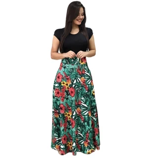Vestido maxi de emenda estampado floral, vestido casual com gola redonda manga curta para primavera e verão, roupas femininas