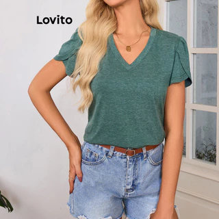 Lovito Camiseta feminina casual de manga pétala lisa LBL16290