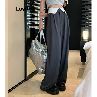 Lovito Calça elegante drapeada com botão liso para mulheres LNL72324