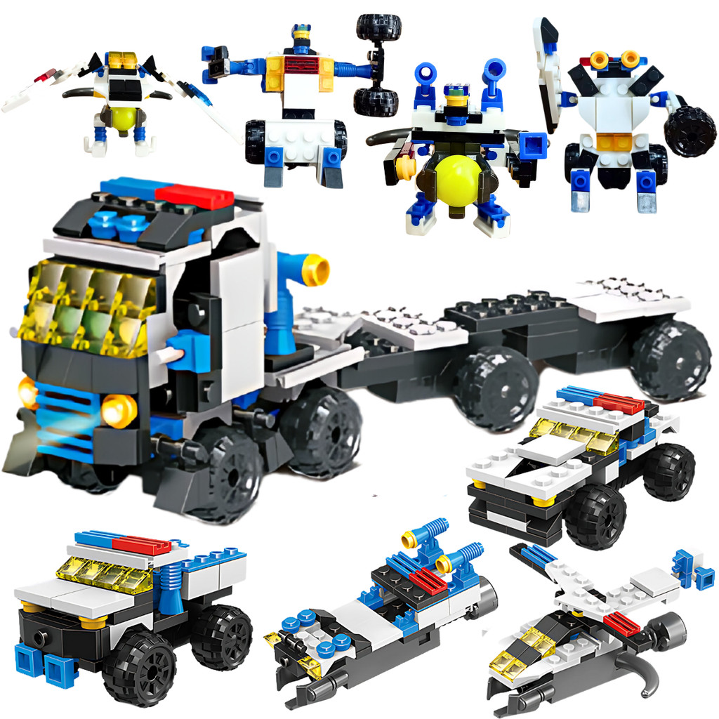 Kit Brinquedo 5 Carrinhos Policia Blocos de Montar Play Box 200 Peças Lancha Robô Caminhão Infantil