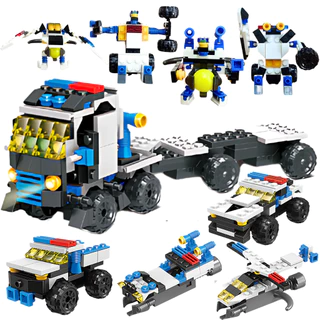 Kit Brinquedo 5 Carrinhos Policia Blocos de Montar Play Box 200 Peças Lancha Robô Caminhão Infantil