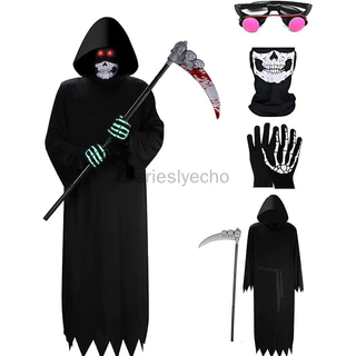 Conjunto De Fantasia De Halloween Grim Reaper De 5 Peças , Capa Com Capuz De Veludo Preto , Máscara Facial De Caveira , Luvas De Mão , Vidro Luminoso Scythe Death Staff , Adereços Cosplay
