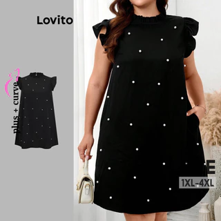 Lovito Vestido Plus Size Curvo Elegante Simples Pérolas Babado para Mulheres LBL17706