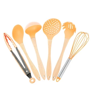 Conjunto de Utensílios de Cozinha Multiuso Kit 6 Peças Master Coral em Inox Silicone e Madeira em Oferta na Shopee