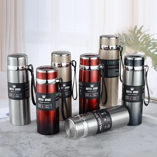 Garrafa 1000ml Inox Térmica Com Infusor Prata e Dourada De Água Café Dupla Com Alça ANJIN