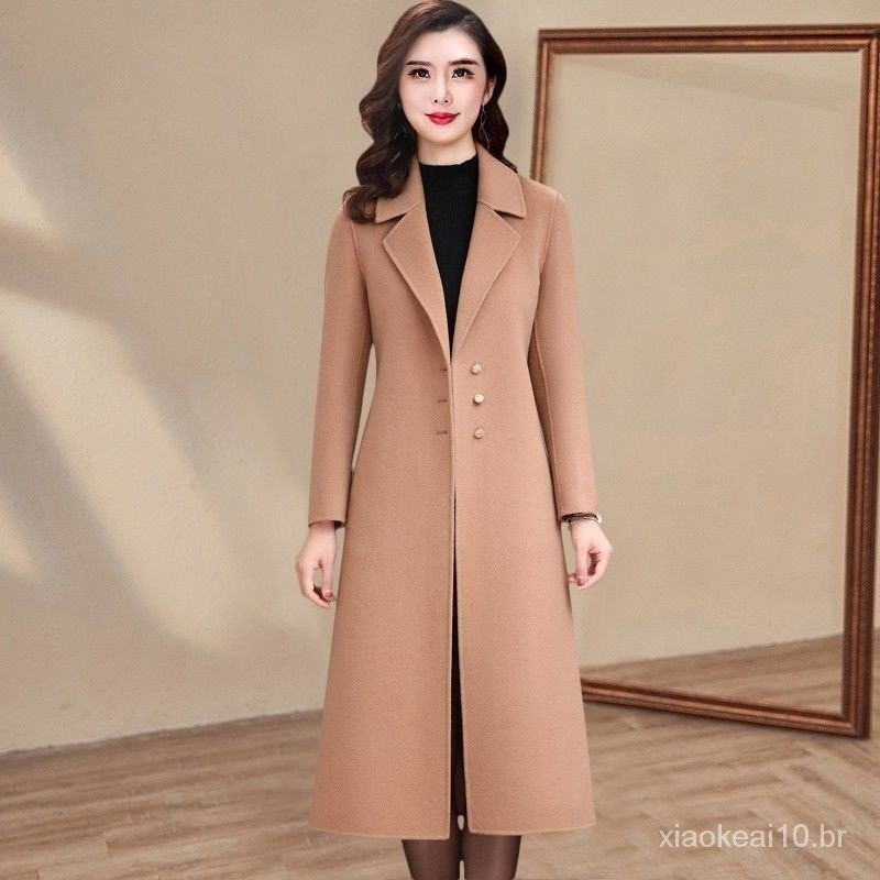 Sobretudo Feminino Casaco De Lã Longo Cor Sólida Pontos Para O Inverno ...