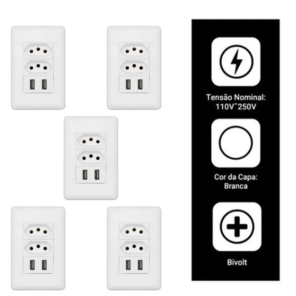 Kit 5 Tomadas Fonte Usb de Parede Universal + Tomadas Bivolt A8-2u2c ...