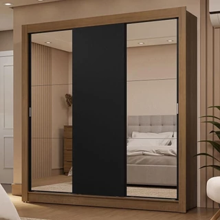 Guarda-Roupa Casal 3 Portas de Correr com Espelhos 2 Gavetas Rustic/Preto Sublime Madesa em Oferta na Shopee