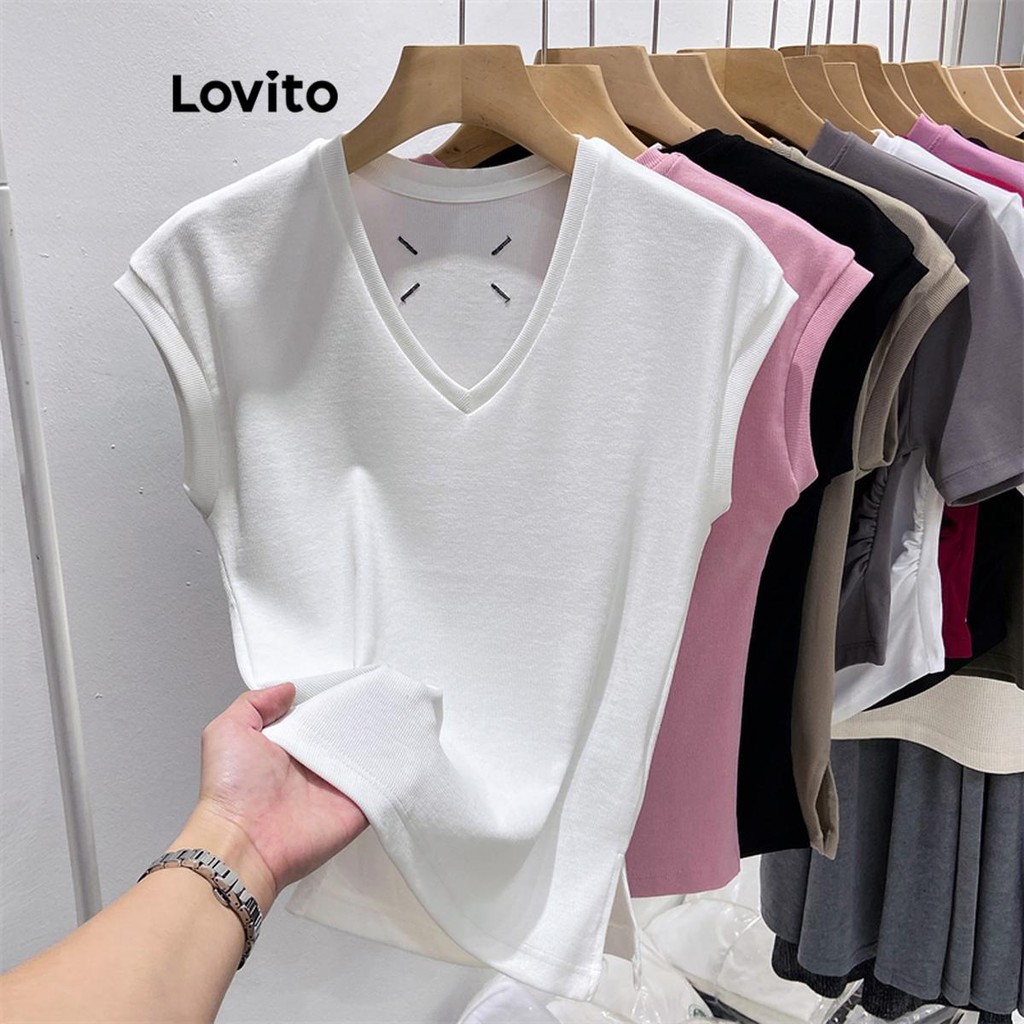 Lovito Camiseta casual com recorte liso para mulheres LNE53102