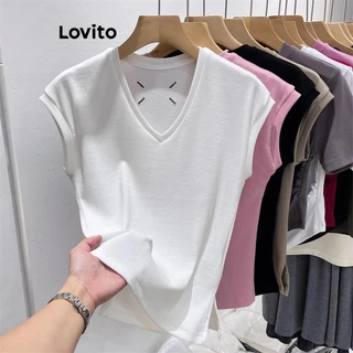 Lovito Camiseta casual com recorte liso para mulheres LNE53102