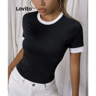 Lovito Camiseta feminina casual lisa e contrastante LNL75352