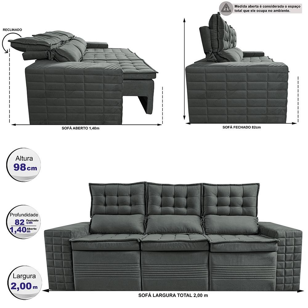 Sofá 3 Lugares Retrátil e Reclinável Cama inBox Senses 2,00m Velusoft Cinza - 3