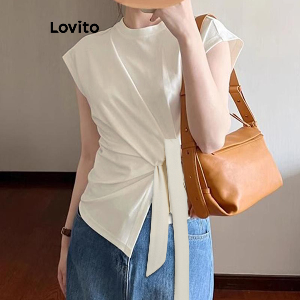 Lovito Camiseta casual lisa com cadarço assimétrico para mulheres L99ED843