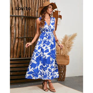 Lovito Vestido básico com espartilho e estampa de plantas boho para mulheres LBL17598