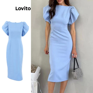 Lovito Elegante Vestido Feminino Liso com Fenda Traseira LNL41034