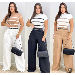 Calça Feminina Pantalona Alfaiataria de Cinto Novo