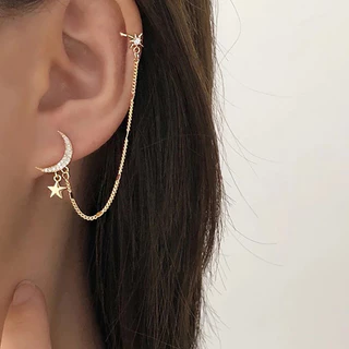 1pcs Coreano Fashion Star Moon Tassel Earl Clip High-End Earrings Jóias de alta competição