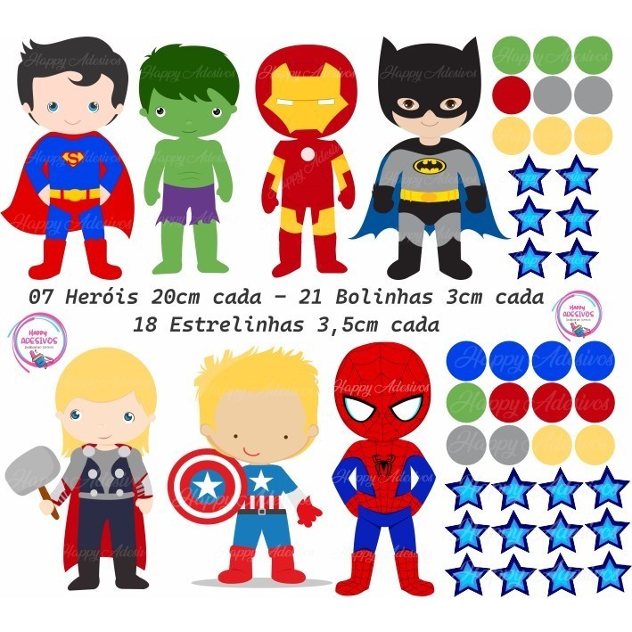 Kit Adesivos Heróis Decoração Quarto Infantil Menino Estrela Bolinhas Estrelinhas Heroi Vingadores