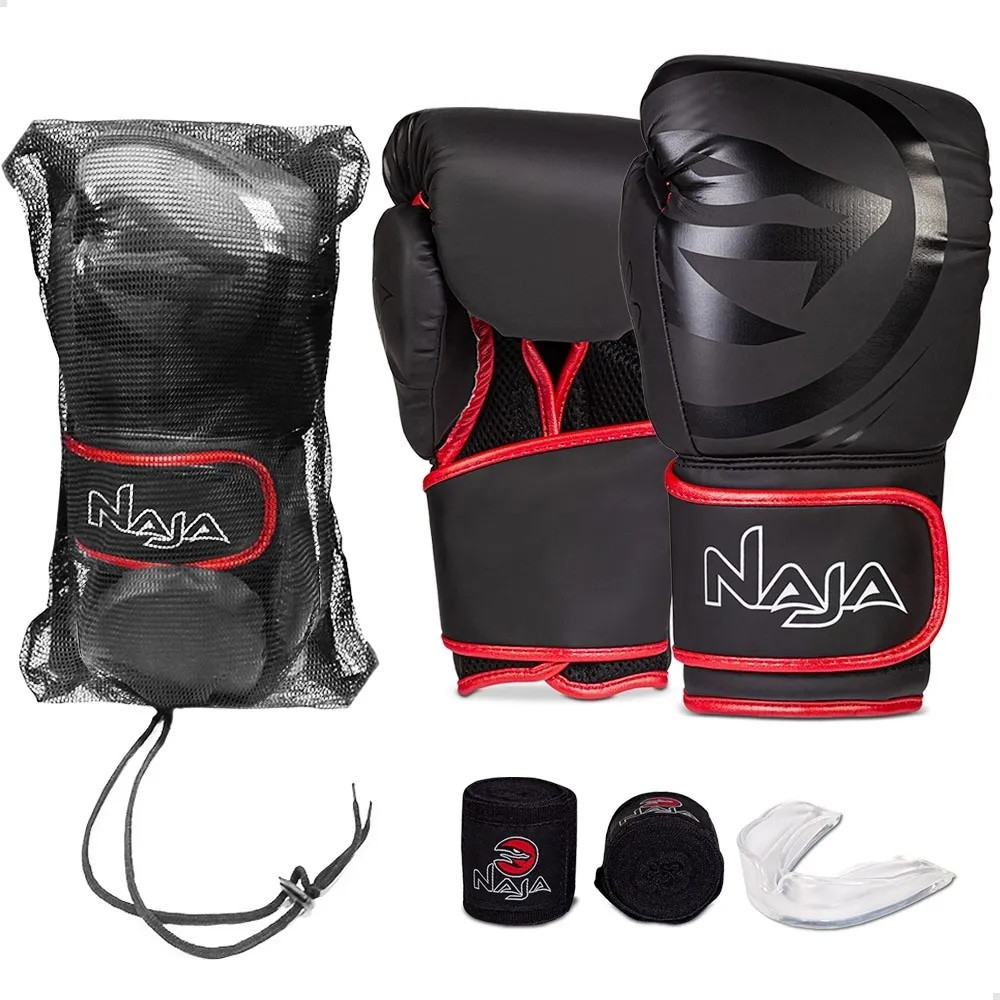Kit Luva Boxe/muay Thai Completo Bandagem/bucal - Naja Black