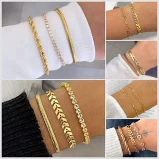 Kit 3 Pulseiras SEMI JOIA Banhada Ouro 18k de coração foi Cordão Baiano Conjunto Pulseira Feminina de pedrinhas transparentes