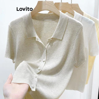 Lovito Top elegante de malha frontal com botão liso para mulheres LNL75480