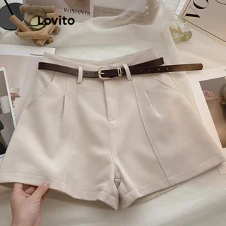 Lovito Short casual plissado liso para mulheres LNE73197