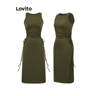 Lovito Vestido casual liso com corte frontal e cordão para mulheres L100MD070