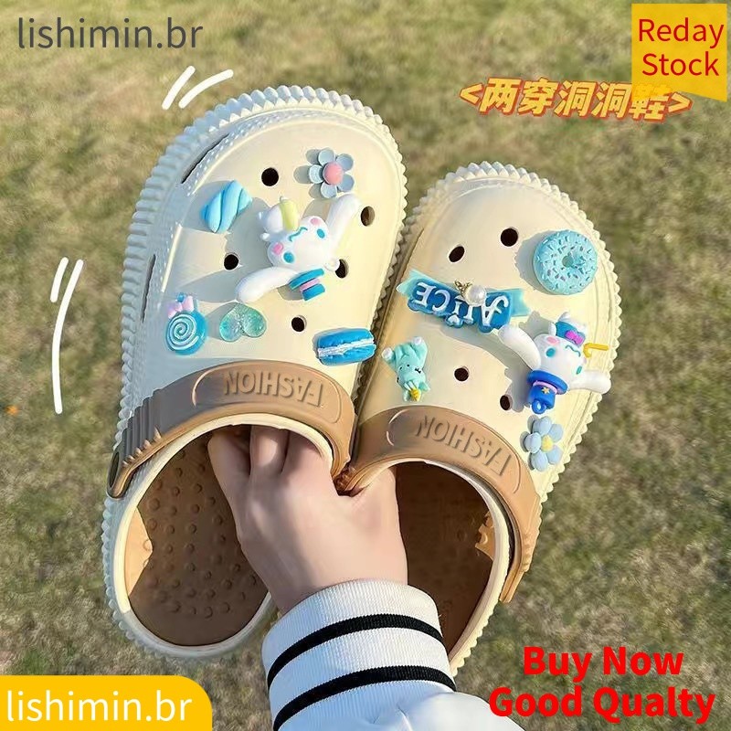 Sapatos de Buraco Femininos Novo Estilo diy Creative Cartoon Outer Wear Hot-selling Anti-derrapante Baotou Soft Thick-soled Beach Sandals Slipp