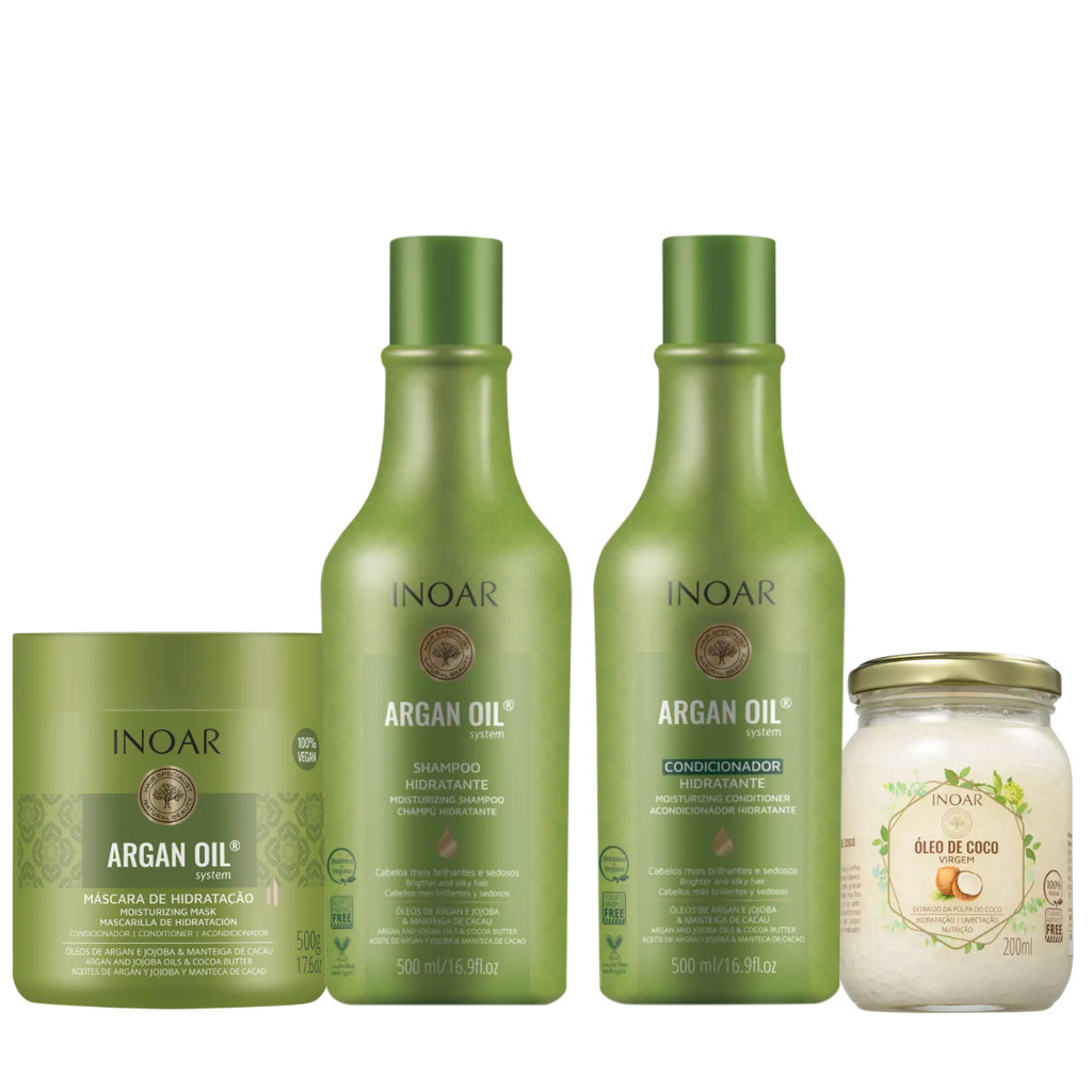 Kit Inoar Argan Oil Shampoo e Condicionador 500 ml, Máscara 500g e Óleo ...