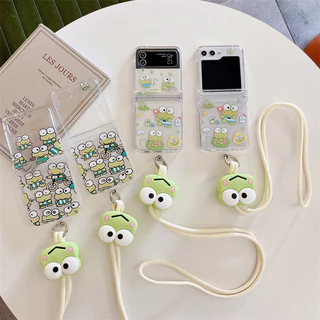 Desenho Animado Sanrio Keroppi Estojo Rígido Transparente Para Samsung Z Flip 6/5/4/3 Capa À Prova De Choque Com Chaveiro De Silicone Doll Nylon Lanyard Phone Strap